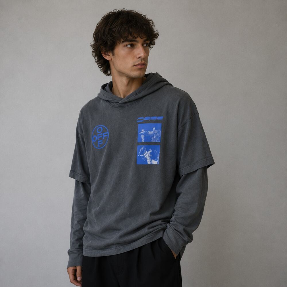 Off-White Layered Hoodie Shirt Unisex Mens L Dark Gray Graphic Long Sleeve